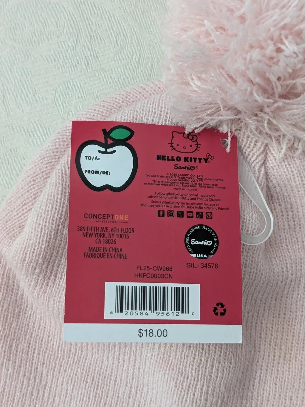Hello Kitty Pink Knit Acrylic Pom Pom Beanie Hat Embroidered Stretch One Size